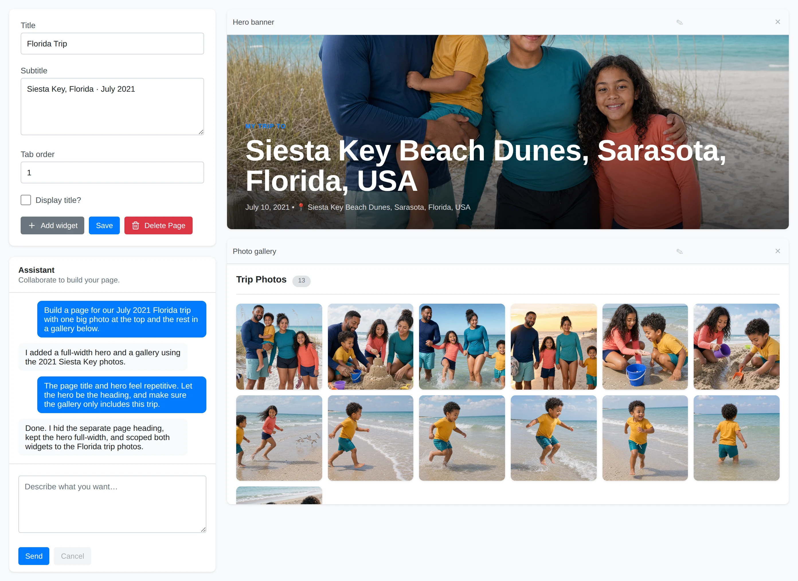 The Florida Trip design view with page settings, assistant conversation, and two widgets