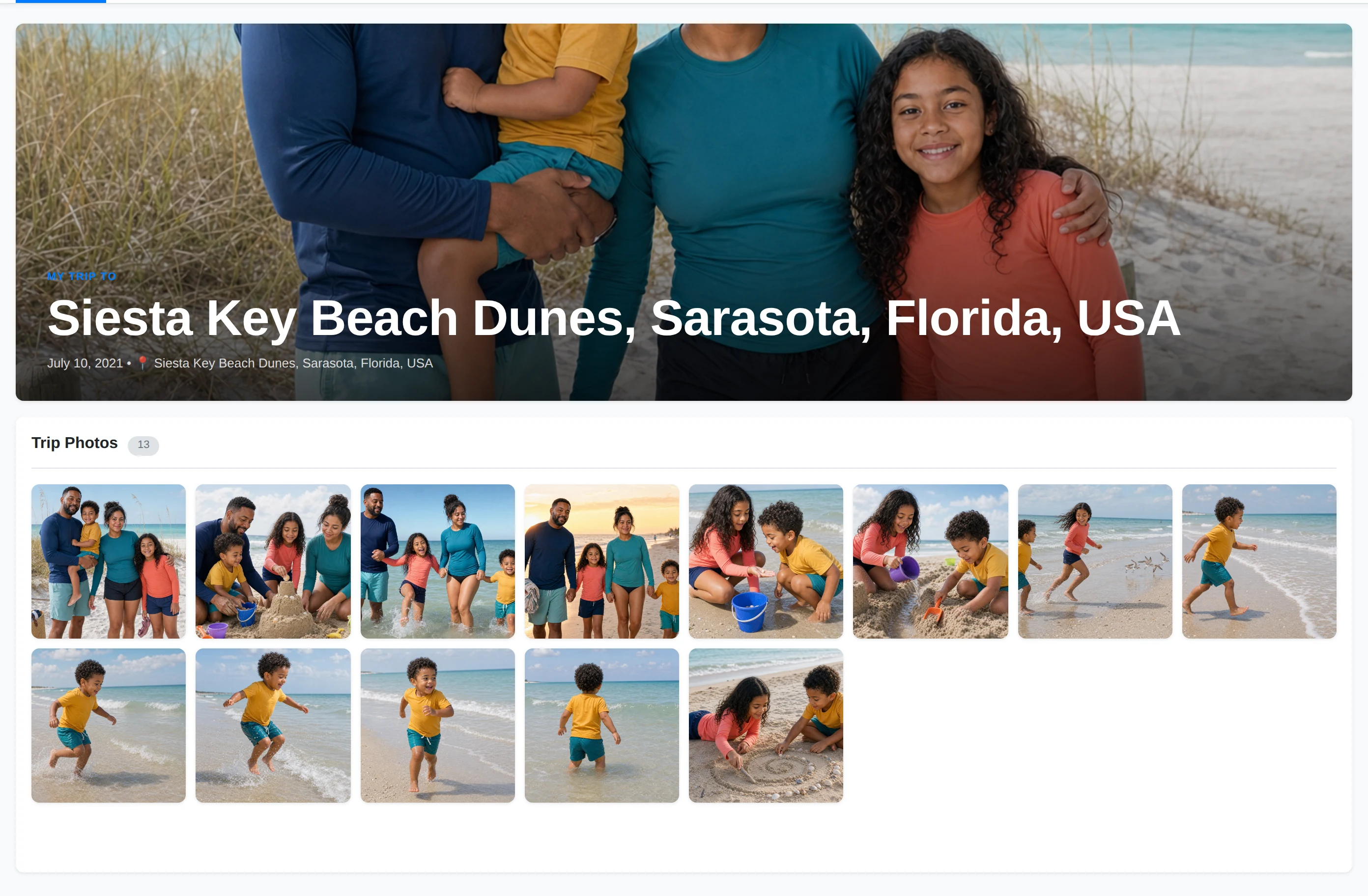 The published Florida Trip page with a full-width hero and photo gallery