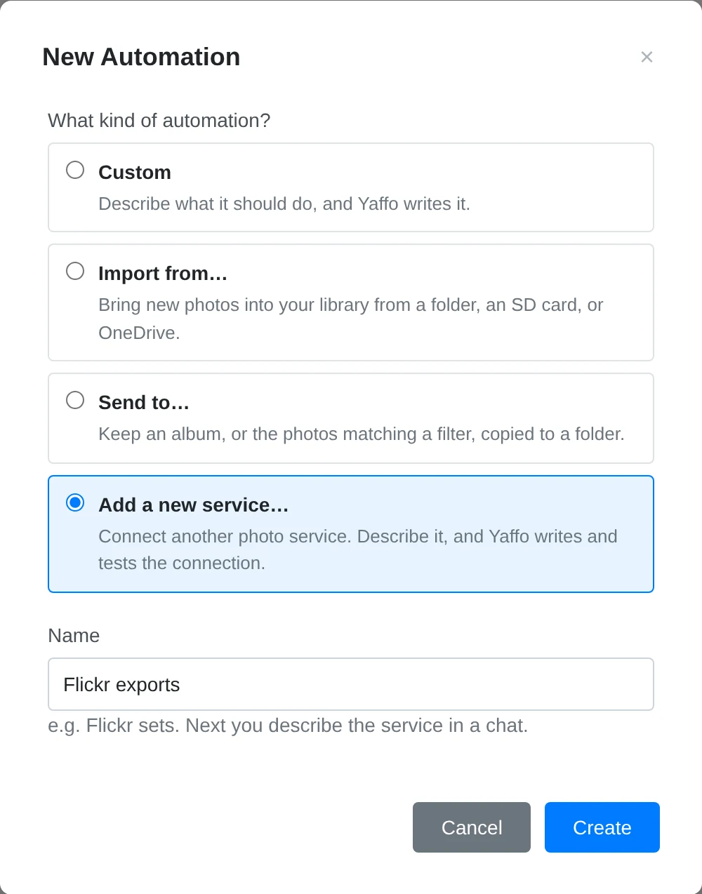 The new automation dialog with Add a new service selected and a name typed