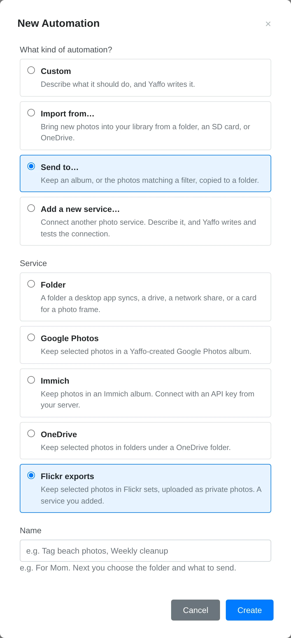 New automation with Send to selected and the published service in the list