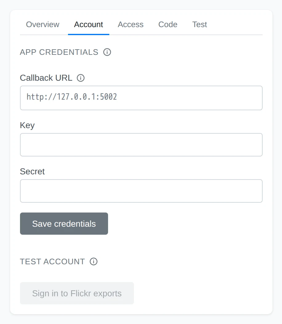 The Account tab with the callback URL, app credentials and the test account