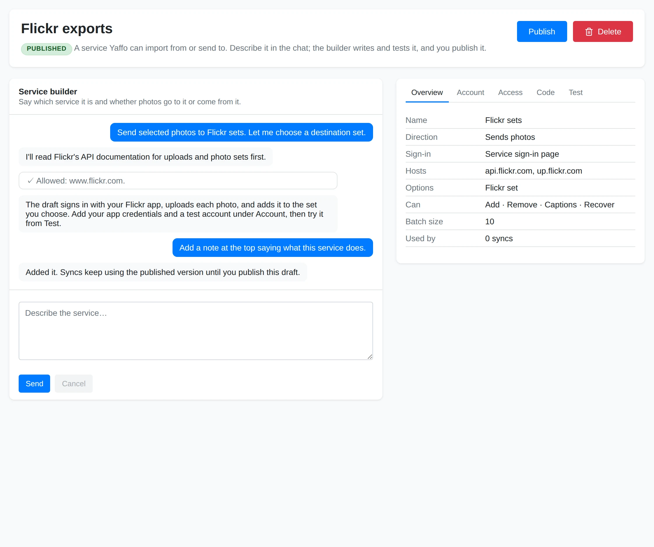 The service builder with its conversation and the Overview tab
