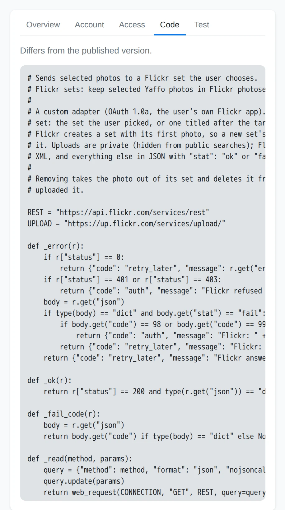 The Code tab with the draft and the differs-from-published note