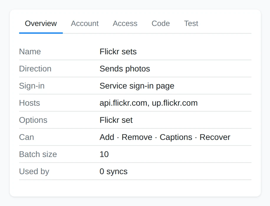 The Overview tab with direction, sign-in, hosts, options and capabilities