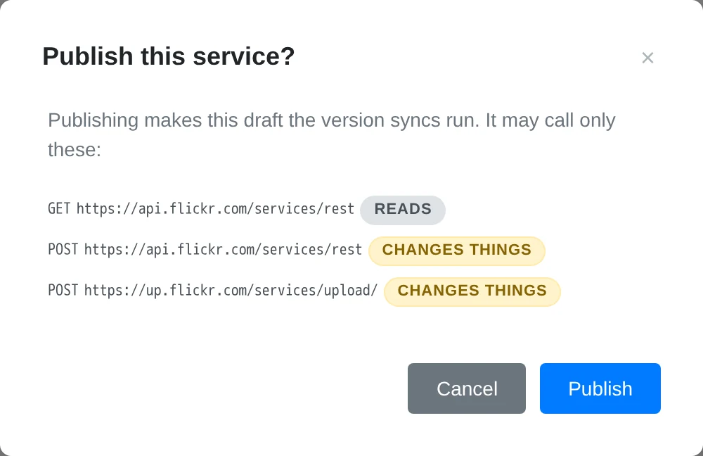 The publish review listing the endpoints it will grant