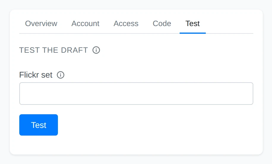 The Test tab with its option fields and the Test button