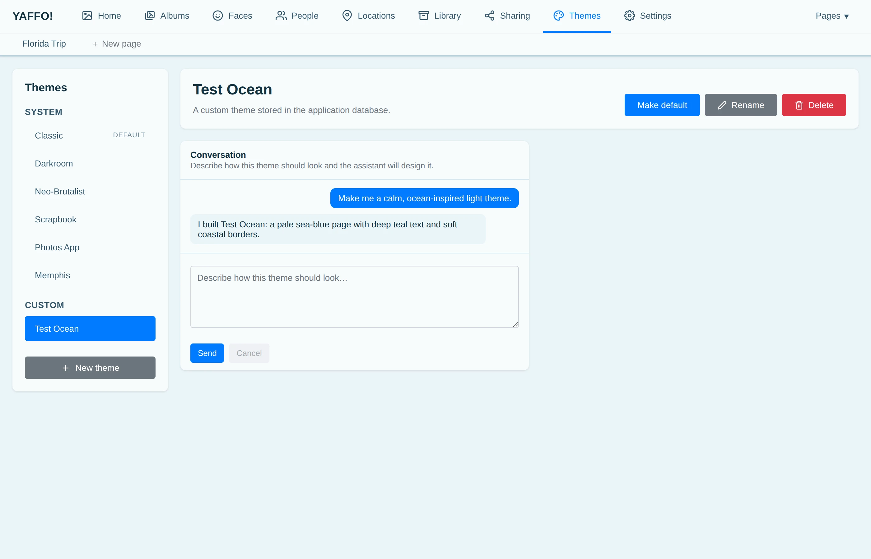The theme editor with the design conversation and Make default, Rename, and Delete actions