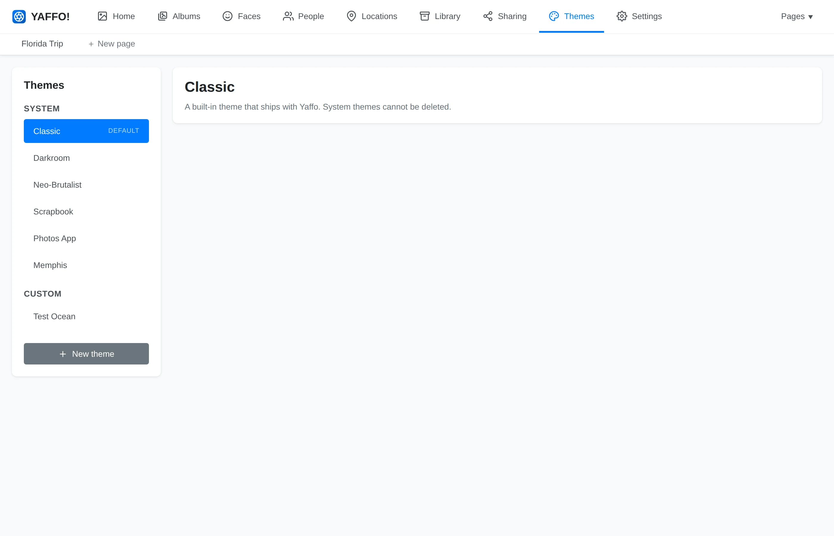 The Themes page listing system and custom themes