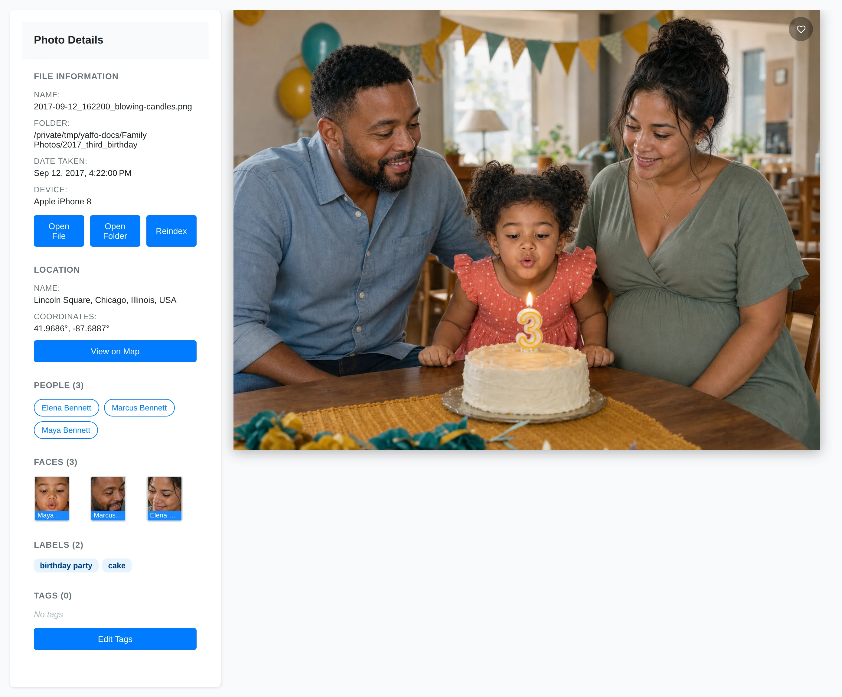 A photo detail page with file information, location, people, detected faces, and labels