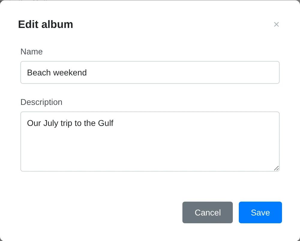 Edit album dialog with the album name and description