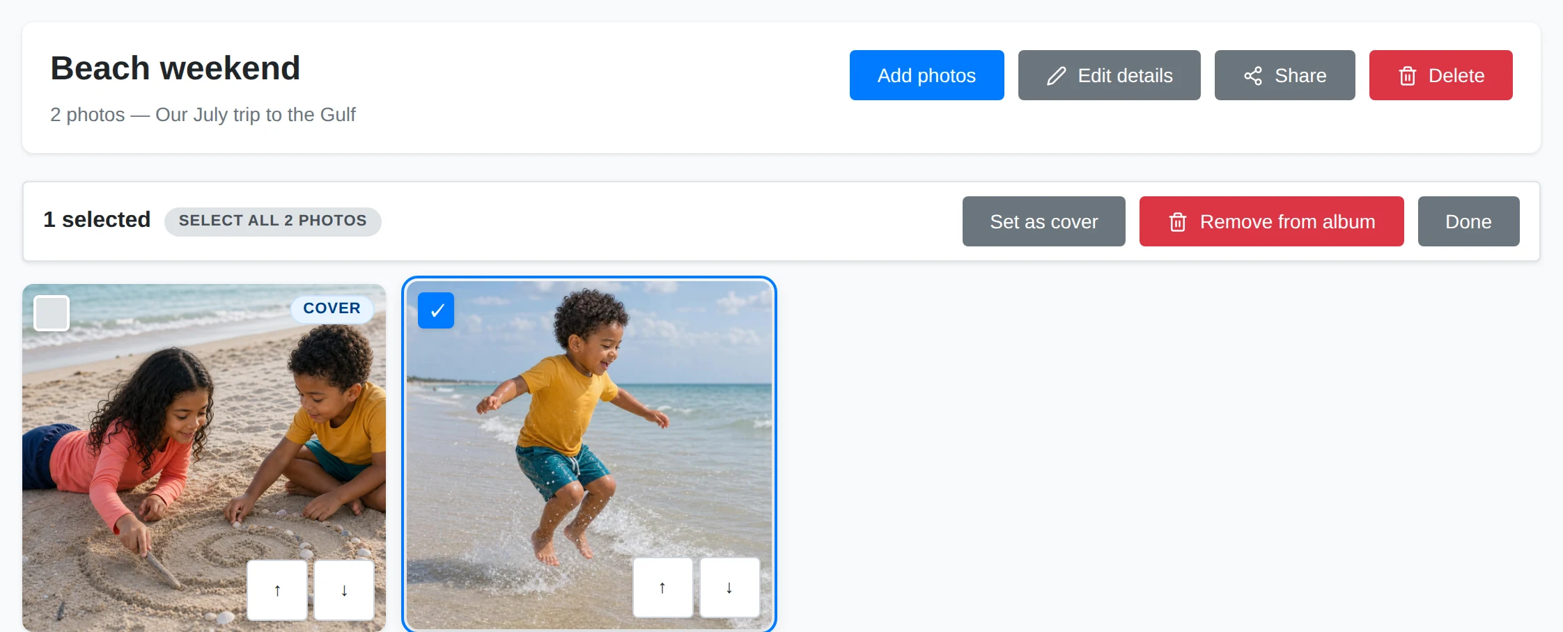 Album edit mode with a selected photo and membership controls