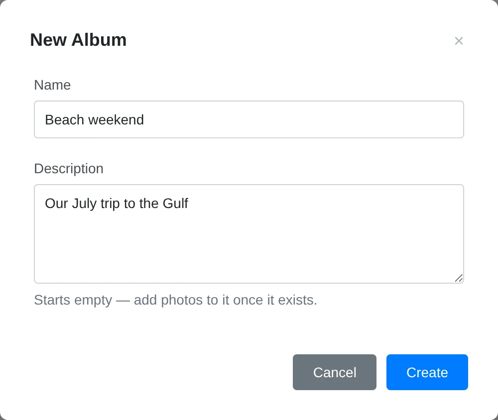 New Album dialog filled with Beach weekend and a trip description