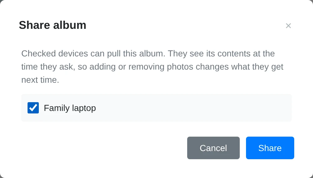 Share album dialog with Family laptop selected