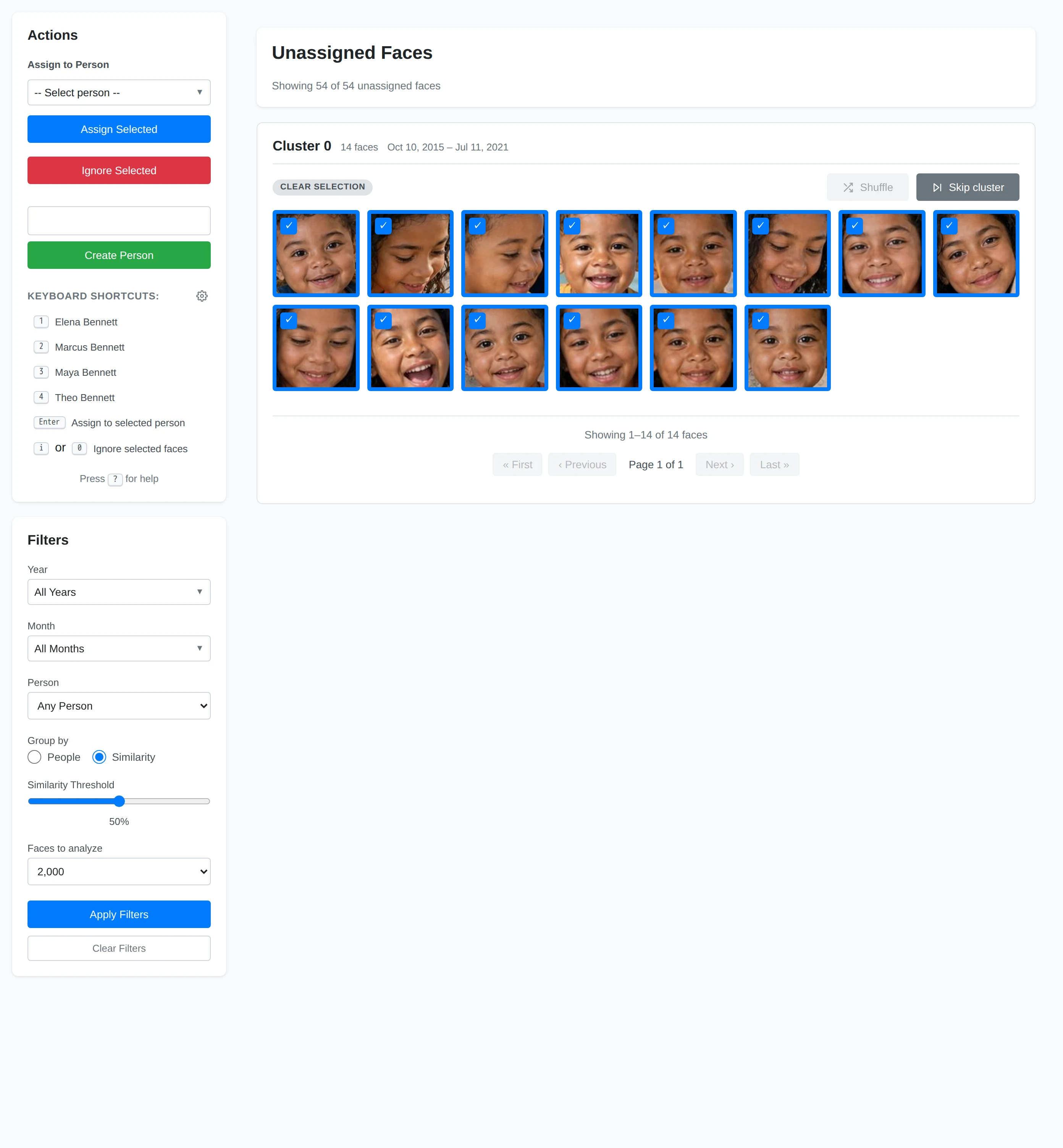 The Faces page showing an unassigned face cluster and its review sidebar