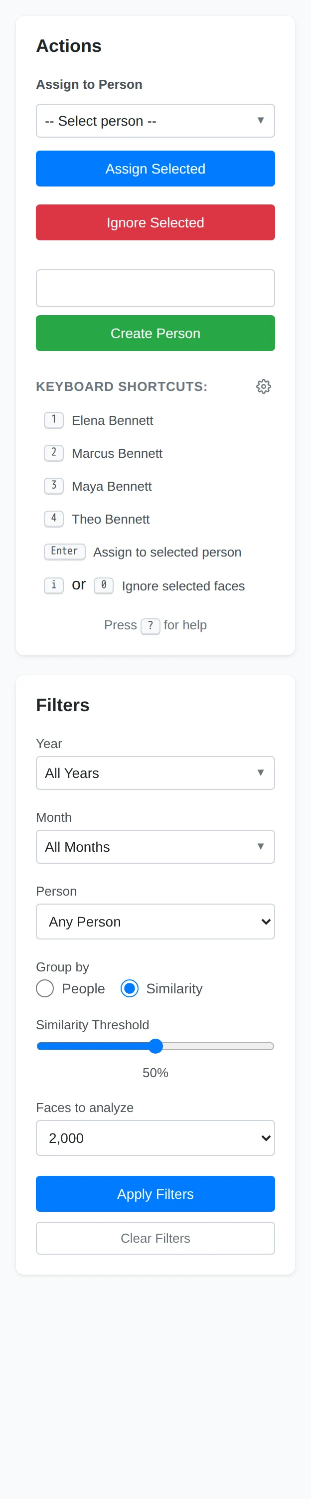 The Actions and Filters panels used while reviewing unassigned faces