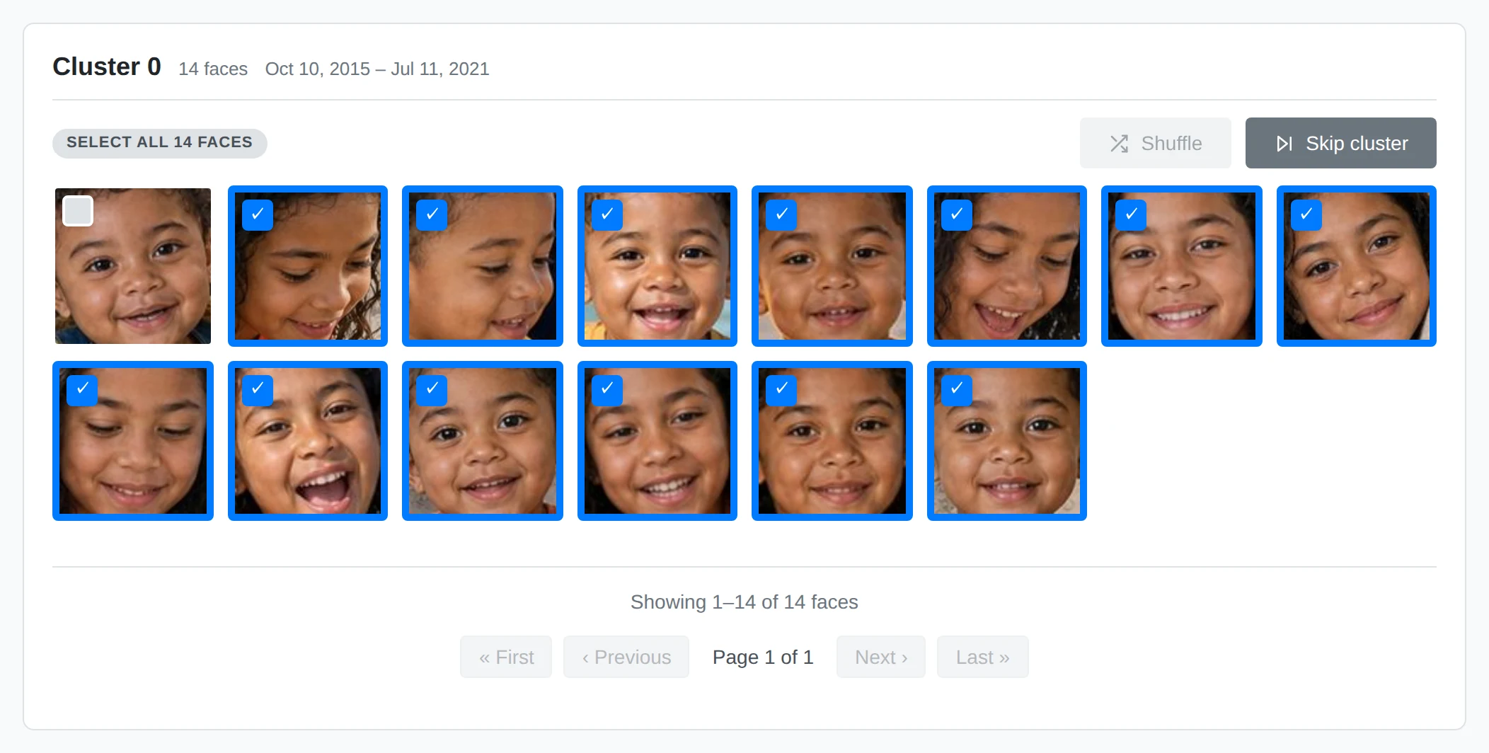 A face cluster with its first face removed from the current selection