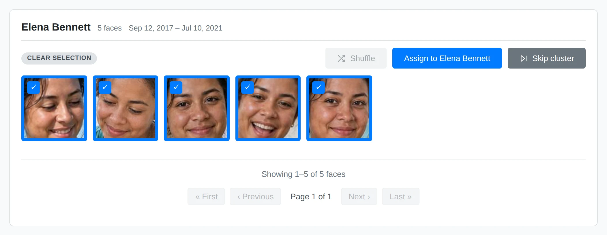 A people-grouped cluster with a one-click assignment suggestion