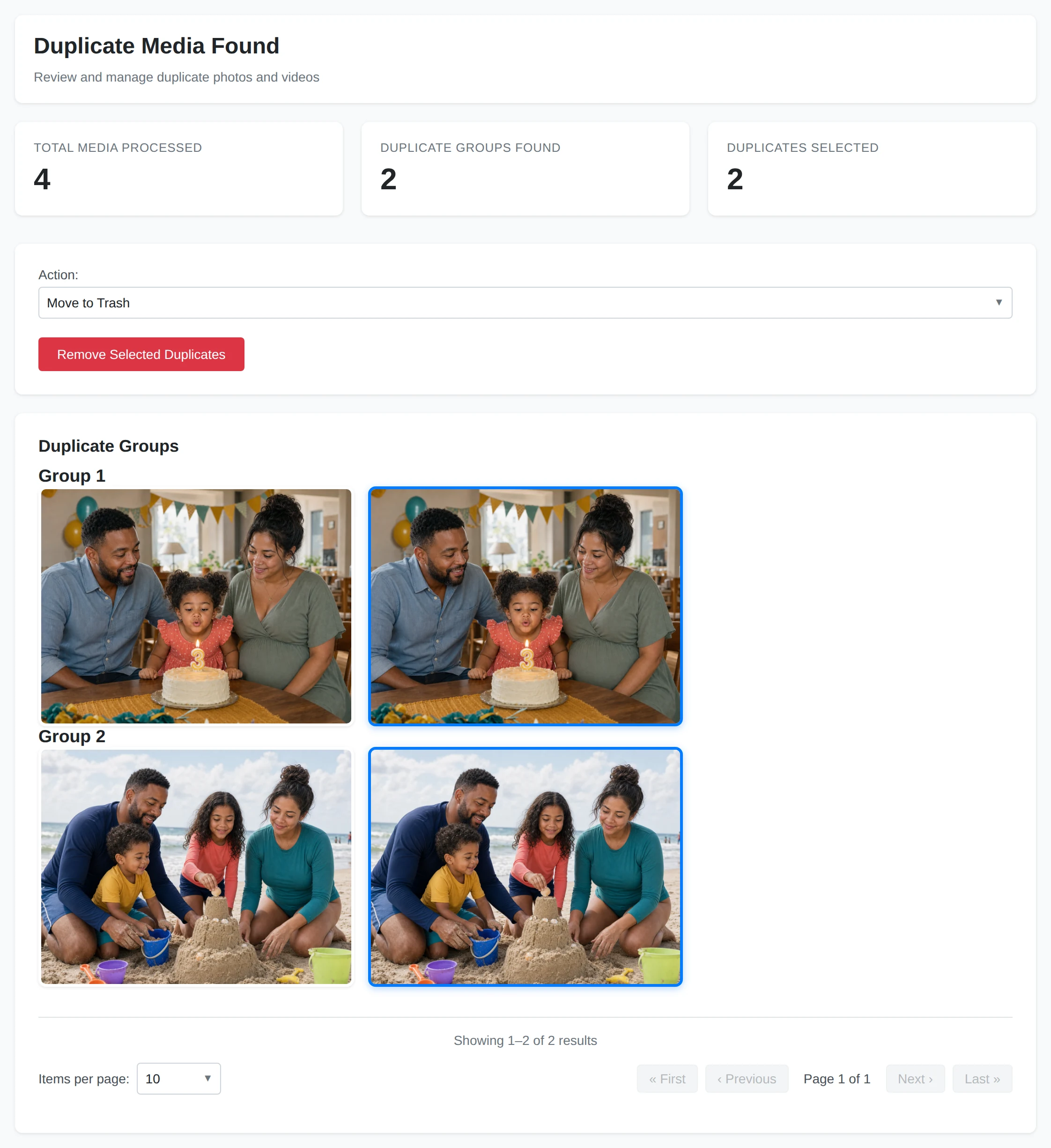 Duplicate results with two groups and one selected copy in each