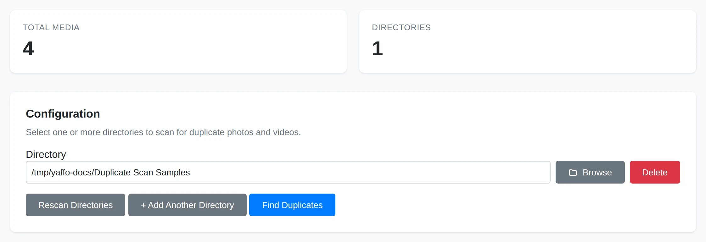 The duplicate scan configuration with one four-file sample directory
