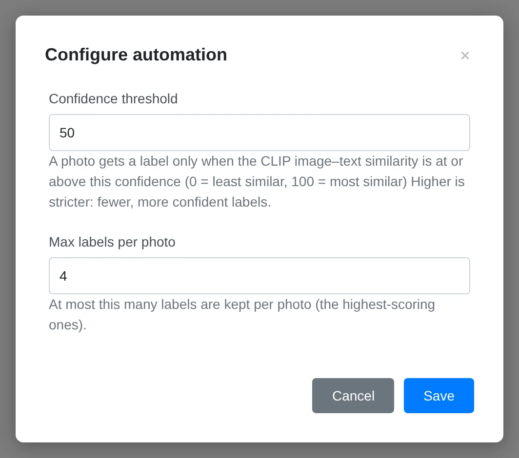The Classify labels automation configuration with confidence and per-photo limits