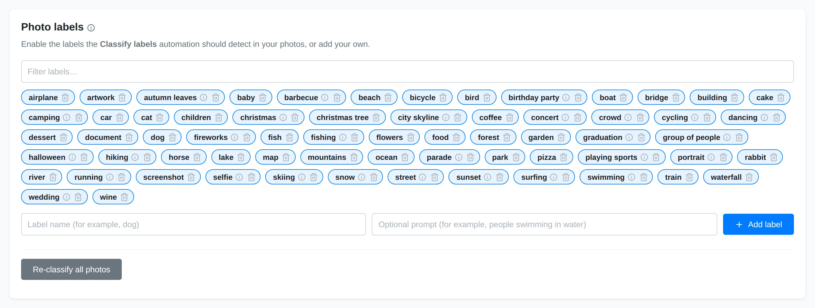 The Photo labels settings section with the enabled starter vocabulary