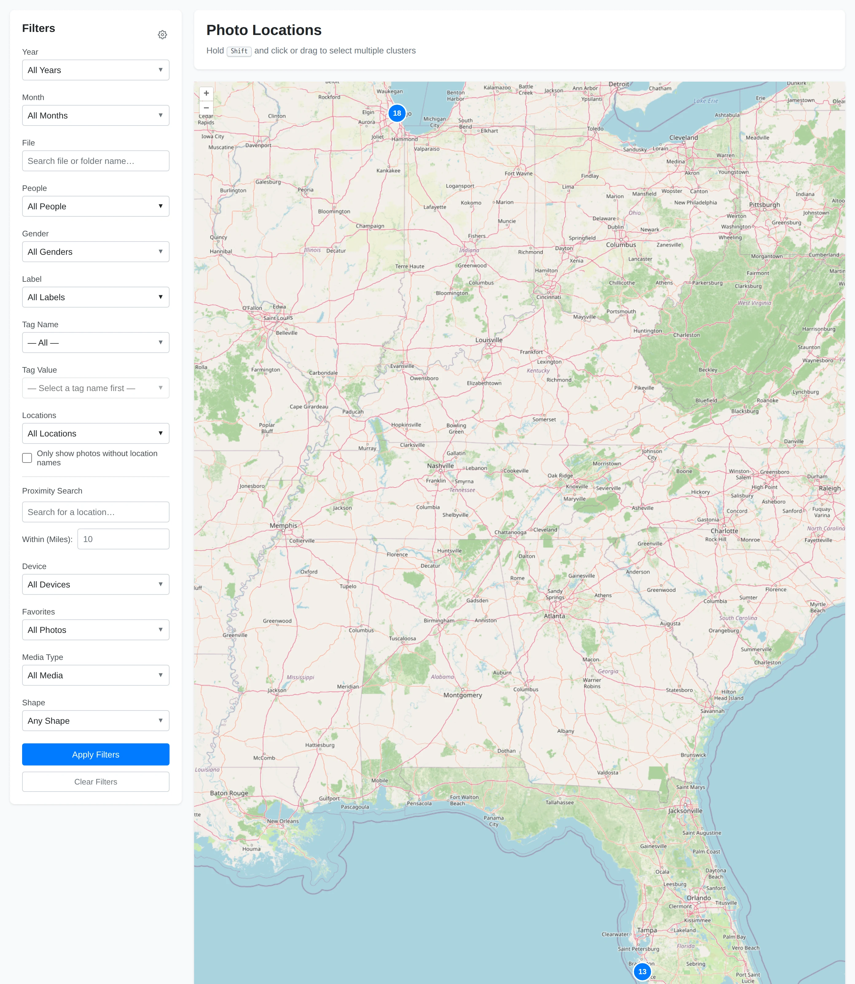 The Locations page with its filter sidebar and clustered map markers