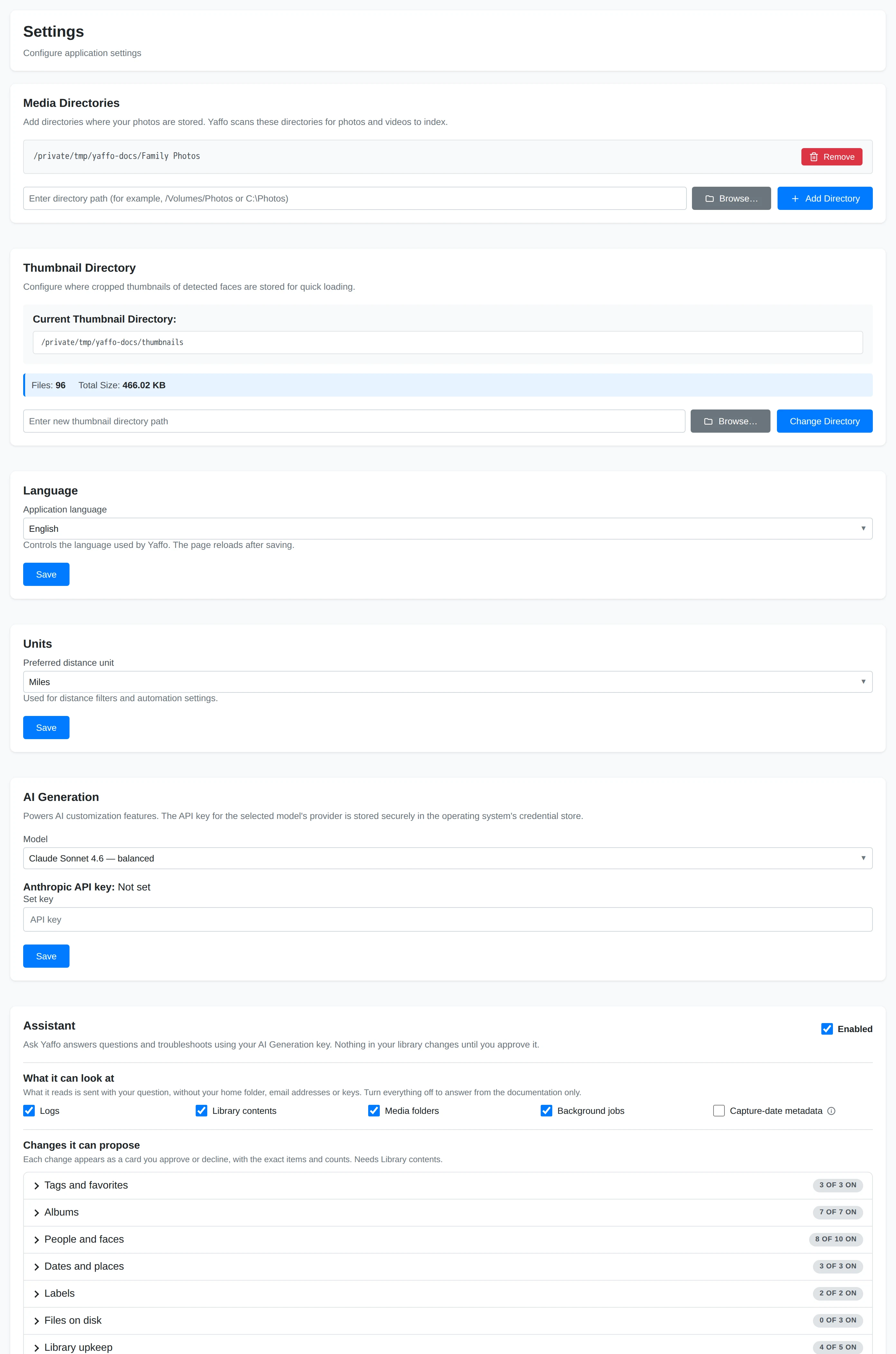 The Settings page showing Language, Units, and Media Directories