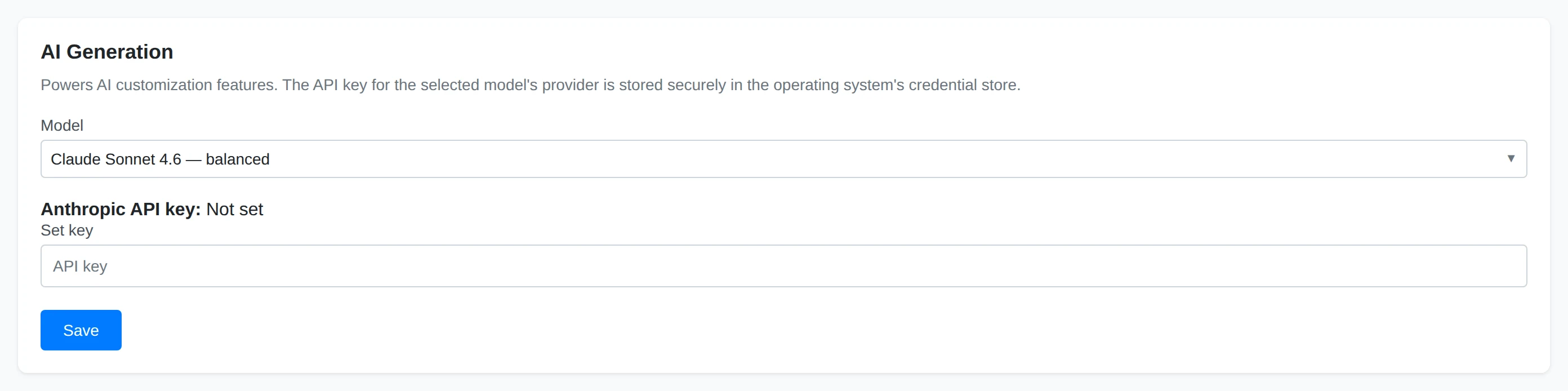 The AI Generation settings showing the selected model and API-key status