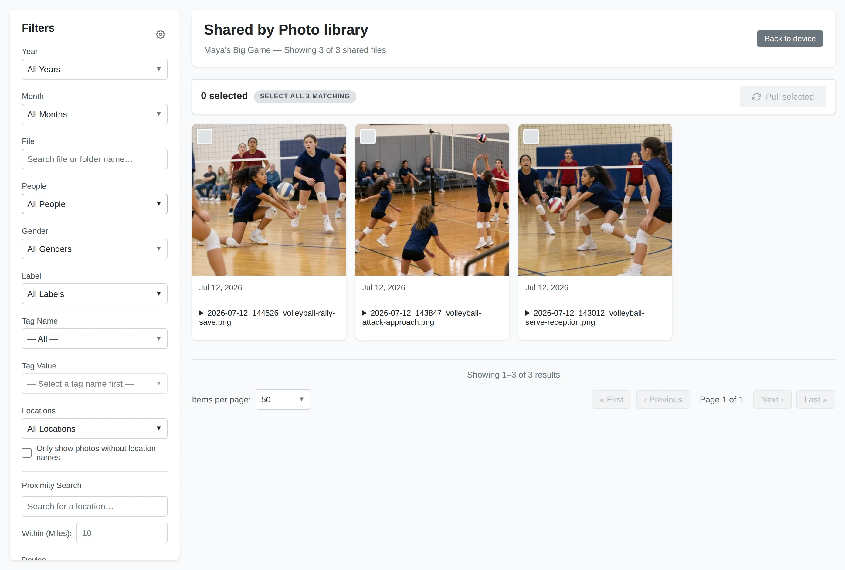Remote album gallery with filters, selection controls, and photo previews