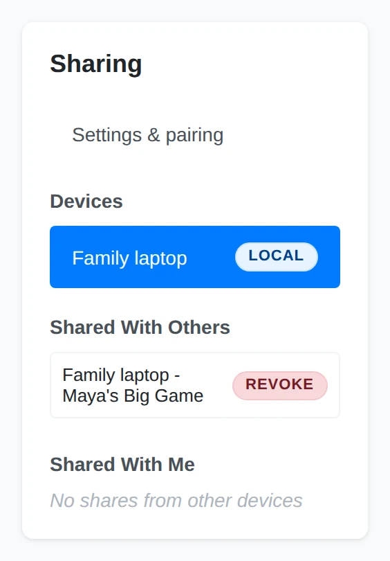 Sharing sidebar listing the album shared with Family laptop