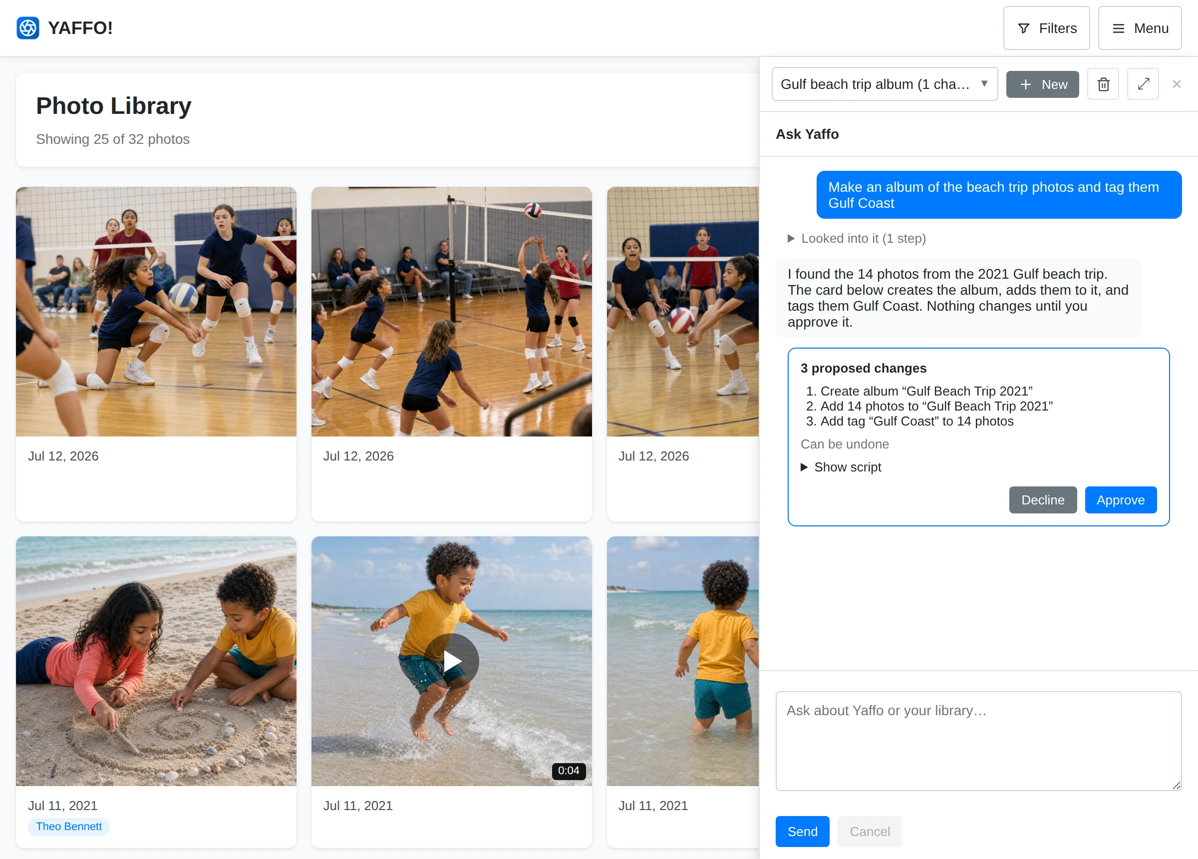 A proposed change card that creates an album, adds 14 photos to it, and tags them, with Approve and Decline
