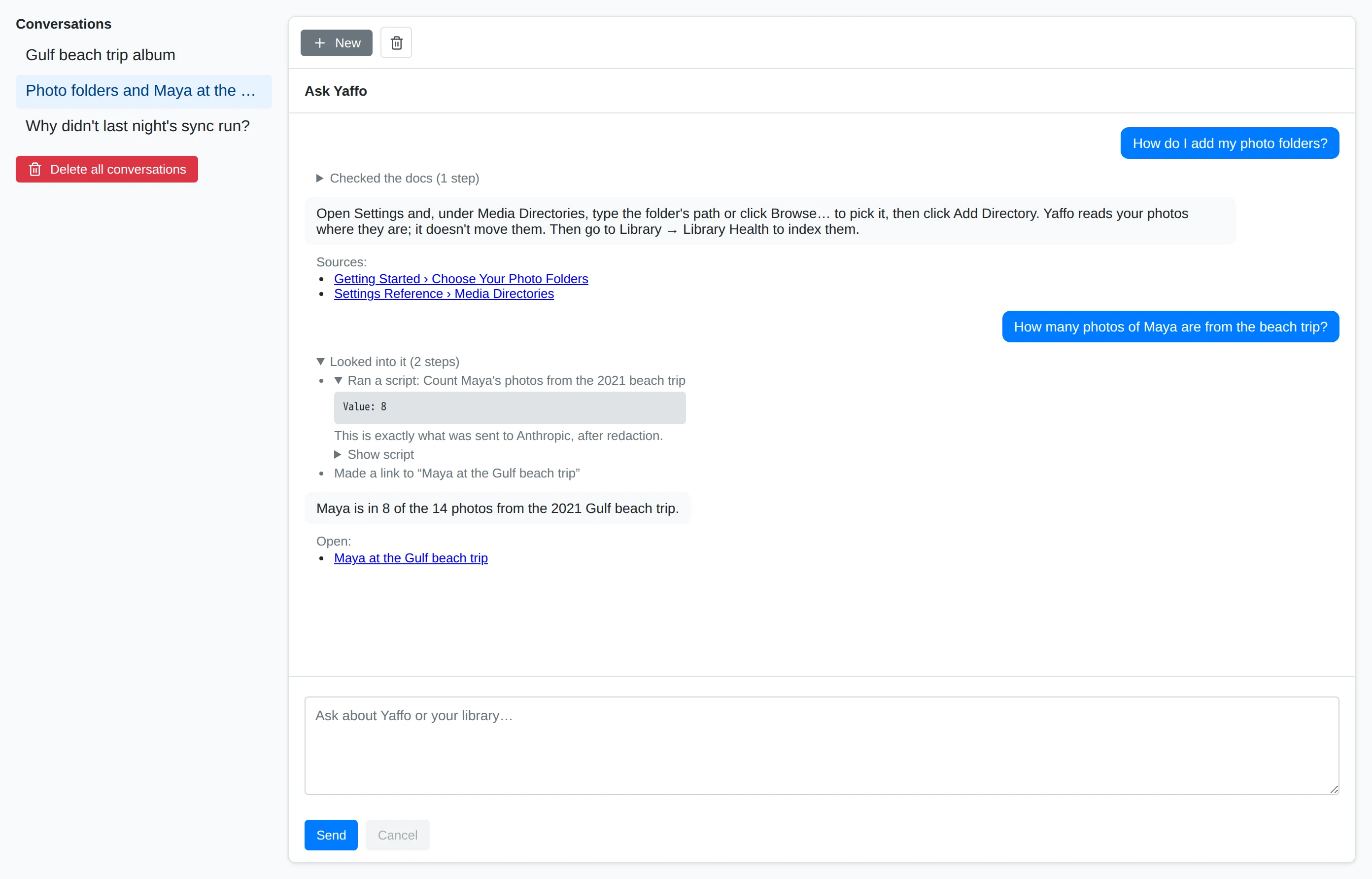 The full Ask Yaffo page with the conversation list beside a conversation, one step's script expanded