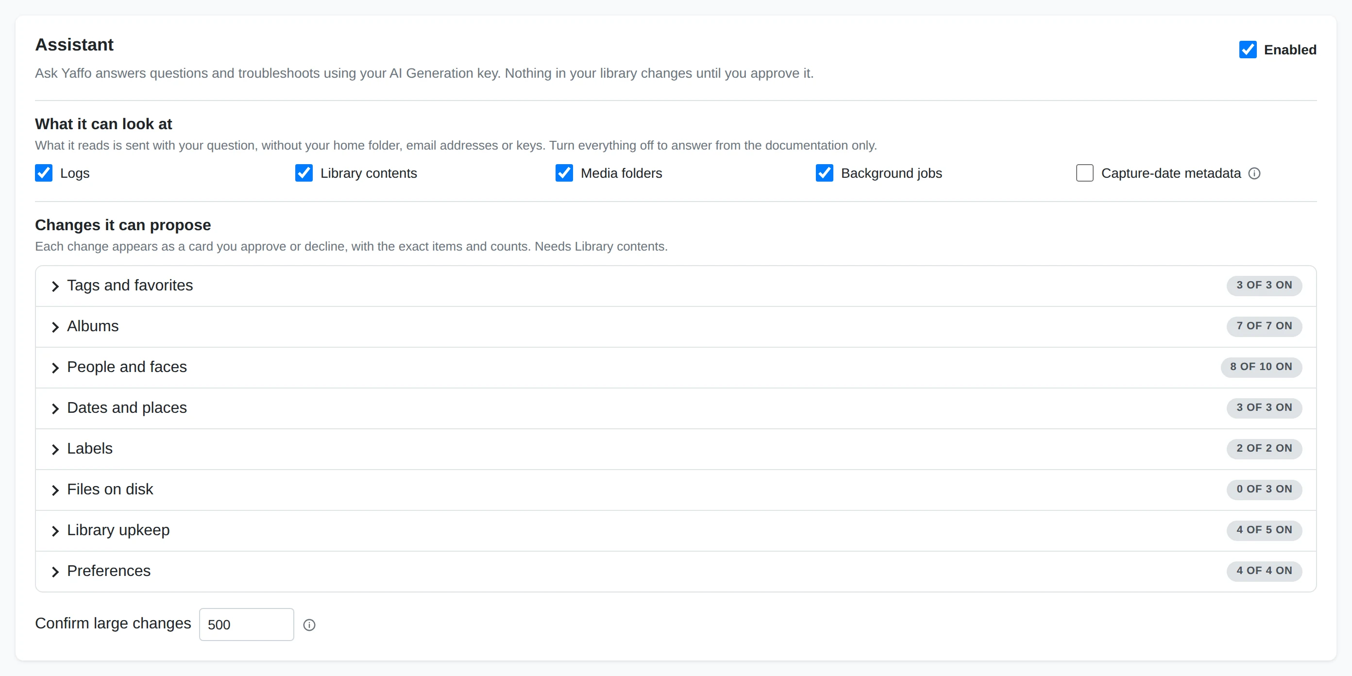 The Assistant section of Settings, with what it can look at and the groups of changes it can propose